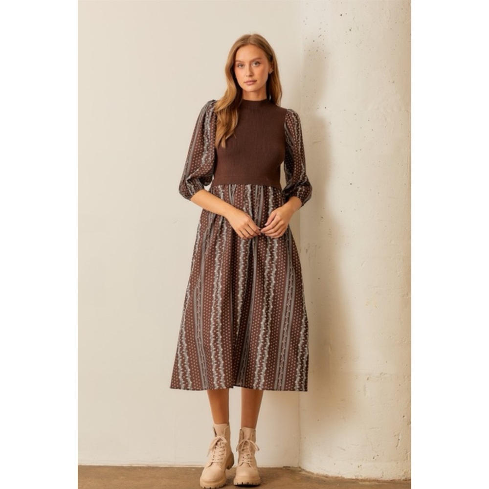 NWT-Elegant Brown Patterned Midi Dress-New with tags